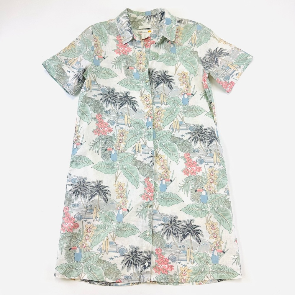 Tropical pastel linen shirt dress Small short sleeve button up collar